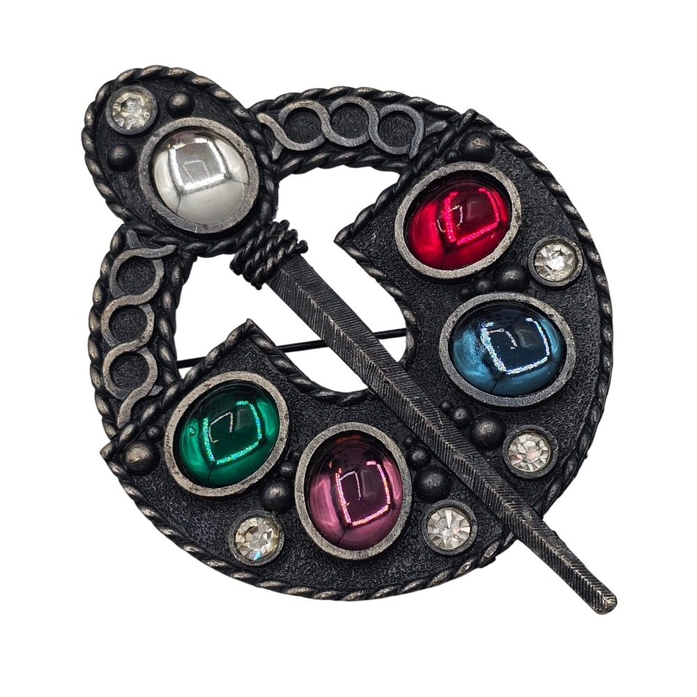 Celtic Style‎ Brooch Design Multicolor Cabochon Silver Tone Sword Dagger Shield